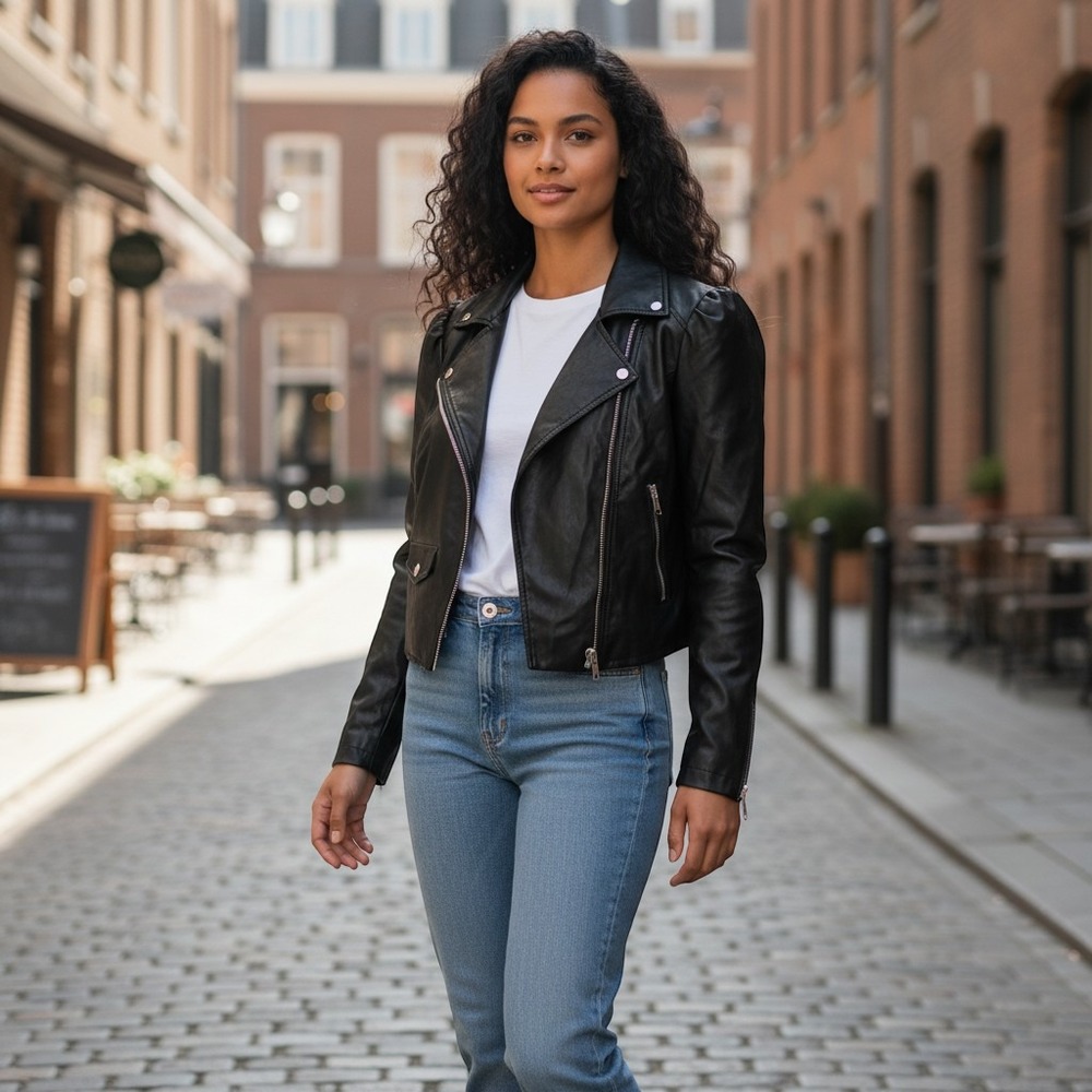 Bod & Christensen Alba Leather Jacket Women S Black NEW Puff Shoulder Moto